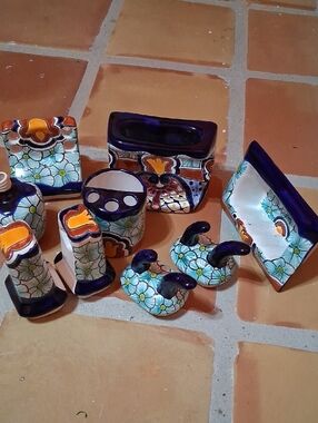 Hand-Painted Talavera Ceramic Bath Accessory Set - Blue & Multi